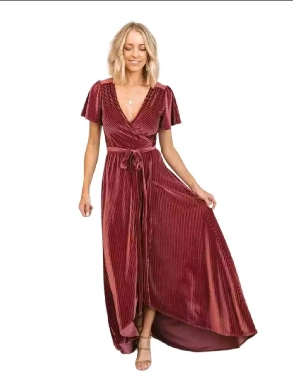 Baltic Born Wine Red Velvet High-Low Wrap Dress